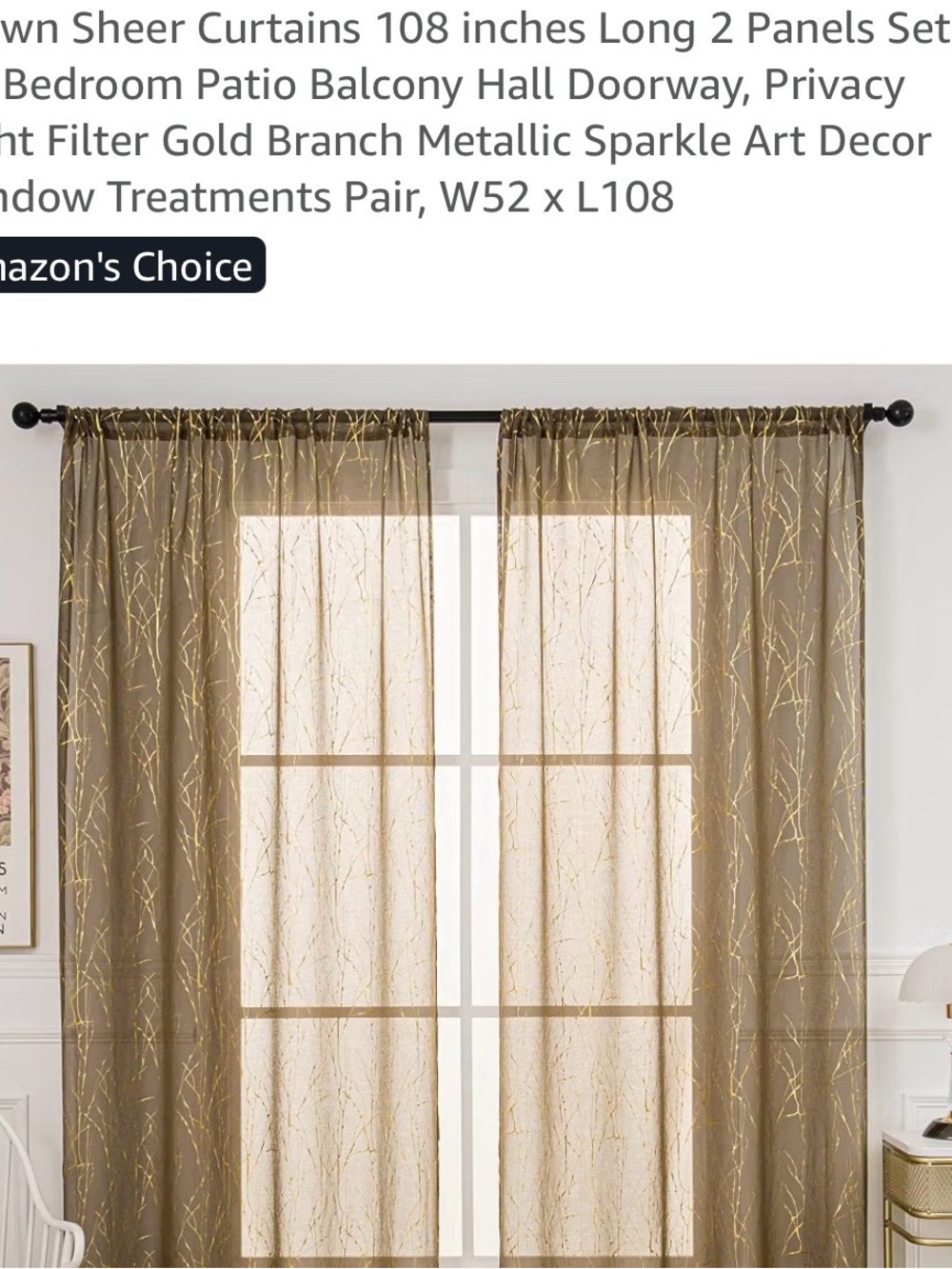 Metallic Gold Branch Sheer Curtain Panels - 3 Pair